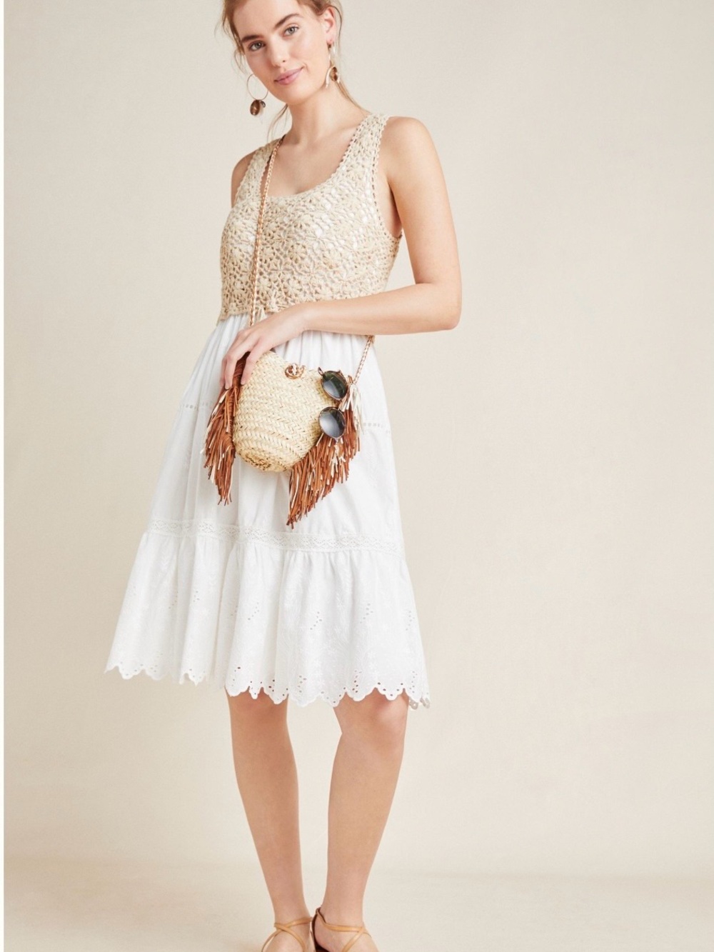 Anthropologie Beckett Crotchet Eyelet White Beige Midi Dress Size NWT